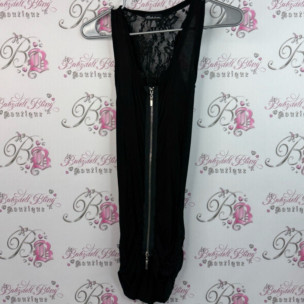 Seductions tank top long style Black Sleeveless Top with Lace and Zipper